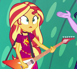 Size: 677x603 | Tagged: safe, derpibooru import, screencap, sci-twi, sunset shimmer, twilight sparkle, better together, equestria girls, spring breakdown, cropped, guitar, musical instrument