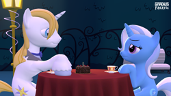 Size: 3413x1920 | Tagged: safe, artist:gradiusfanatic, derpibooru import, prince blueblood, trixie, unicorn, 3d, bluetrix, cake, canterlot, cup, female, food, high res, male, mare, shipping, source filmmaker, stallion, straight, table, teacup