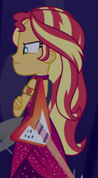 Size: 539x978 | Tagged: safe, derpibooru import, screencap, sunset shimmer, better together, equestria girls, spring breakdown, angry, cropped, guitar, musical instrument, solo