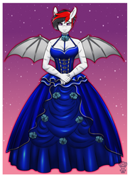 Size: 2200x3000 | Tagged: safe, artist:queenkittyok, derpibooru import, anthro, bat pony, clothes, dress, female, gown, solo