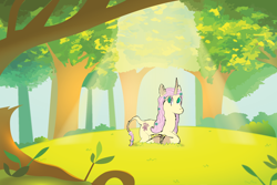 Size: 1800x1200 | Tagged: safe, artist:prixy05, derpibooru import, fluttershy, pony, unicorn, forest, race swap, solo, sunlight, unicorn fluttershy