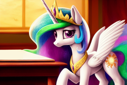 Size: 1920x1280 | Tagged: safe, derpibooru import, editor:dovakkins, generator:stable diffusion, machine learning generated, princess celestia, alicorn, pony, beautiful, cute, female, jewelry, looking at you, mouthless, no mouth, raised hoof, raised leg, slim, solo, sparkly mane, sparkly tail, spread wings, tail, wings