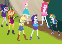 Size: 9929x6998 | Tagged: safe, artist:gmaplay, derpibooru import, applejack, fluttershy, pinkie pie, rainbow dash, rarity, sci-twi, sunset shimmer, twilight sparkle, equestria girls, >:), belt, boots, bowtie, bracelet, clothes, cowboy boots, denim skirt, determined look, determined smile, equestria girls (team), fluttershy boho dress, frilly design, geode of empathy, geode of fauna, geode of shielding, geode of sugar bombs, geode of super speed, geode of super strength, geode of telekinesis, glasses, gold, hairband, high heels, humane five, humane seven, humane six, jewelry, laced sandals, leather vest, necklace, pantyhose, pencil skirt, pendant, polo shirt, rah rah skirt, raised eyebrow, rarity peplum dress, sandals, shirt, shoes, shoulderless shirt, skirt, sleeveless, sleeveless tank top, sneakers, spikes, stetson, sweatpants, t-shirt, tanktop, team, wristband