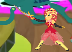 Size: 3922x2839 | Tagged: safe, artist:gmaplay, derpibooru import, sunset shimmer, equestria girls, ponied up, solo, story included, sword, weapon