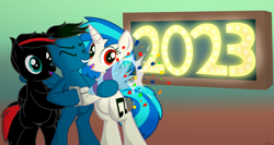 Size: 12384x6600 | Tagged: safe, artist:agkandphotomaker2000, derpibooru import, dj pon-3, vinyl scratch, oc, oc:arnold the pony, oc:pony video maker, pegasus, pony, unicorn, 2023, bipedal, canon x oc, confetti, female, folded wings, happy new year, happy new year 2023, holiday, male, neon, neon sign, open mouth, party popper, pegasus oc, red and black mane, red and black oc, red eyes, shipping, show accurate, simple background, smiling, spread wings, straight, videoscratch, wings
