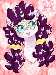 Size: 768x1024 | Tagged: safe, artist:_niveria_, derpibooru import, oc, oc only, oc:niveria, pony, unicorn, :p, bust, ear fluff, ears, glasses, heart shaped glasses, heterochromia, horn, patterned background, solo, sternocleidomastoid, tongue, tongue out, unicorn oc