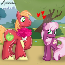 Size: 1300x1300 | Tagged: safe, artist:mlplary6, derpibooru import, big macintosh, cheerilee, earth pony, pony, blushing, bouquet, cheerimac, female, flower, heart, looking at each other, looking at someone, male, mare, shipping, smiling, smiling at each other, stallion, straight