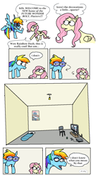 Size: 1830x3299 | Tagged: safe, artist:punkittdev, derpibooru import, fluttershy, rainbow dash, pegasus, pony, comic, dialogue, meme, sleeping bag, television, trollface