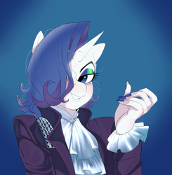 Size: 1853x1887 | Tagged: safe, artist:aztrial, derpibooru import, rarity, anthro, unicorn, spoiler:comic67, 80's fashion, 80s, 80s hair, alternate hairstyle, clothes, eyeshadow, female, gradient background, grin, hair over one eye, jacket, looking at you, makeup, mare, nail polish, prince (musician), ruffled shirt, ruffles, solo