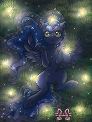 Size: 768x1024 | Tagged: safe, artist:_niveria_, derpibooru import, princess luna, alicorn, firefly (insect), insect, pony, female, grass, lying down, mare, on back, solo, underhoof