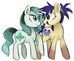 Size: 1215x1004 | Tagged: safe, artist:metaruscarlet, derpibooru import, oc, oc only, oc:iris sparkler, oc:spring mint, earth pony, pony, unicorn, 2023 community collab, derpibooru community collaboration, duo, earth pony oc, female, horn, looking at each other, looking at someone, mare, open mouth, raised hoof, raised leg, simple background, transparent background, unicorn oc