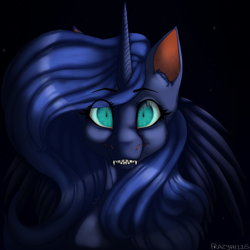 Size: 2000x2000 | Tagged: safe, artist:frazycoms, derpibooru import, nightmare moon, princess luna, fanfic:moonlit stranding, glowing, glowing eyes, solo, staring at you