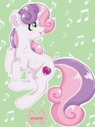 Size: 768x1024 | Tagged: safe, artist:_niveria_, derpibooru import, sweetie belle, pony, unicorn, blushing, ear fluff, ears, female, green background, mare, music notes, older, older sweetie belle, outline, patterned background, simple background, smiling, solo, watermark, white outline