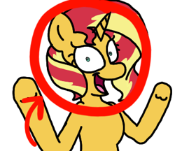 Size: 370x320 | Tagged: safe, artist:professorventurer, derpibooru import, sunset shimmer, happy, meme, mrbeast, open mouth, open smile, raised hoof, raised leg, red circle, shrunken pupils, simple background, smiling, underhoof, white background