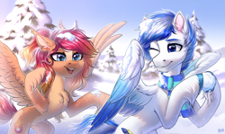 Size: 3500x2090 | Tagged: safe, artist:hakaina, derpibooru import, oc, oc only, oc:nova rossi, oc:saphirblau, pegasus, pony, belly, belly fluff, blue eyes, cheek fluff, chest fluff, chin fluff, clothes, coat markings, colored, colored wings, cute, duo, ear fluff, ears, eyebrows, eyelashes, facial markings, female, fluffy, gradient wings, high res, hoof fluff, hoof hold, hooves, leg fluff, lighting, looking at each other, looking at someone, male, mare, ocbetes, one eye closed, open mouth, pale belly, partially open wings, pegasus oc, playing, pony pegasus, rearing, scarf, shading, shadow, signature, sky, slim, smiling, snow, snowball, snowball fight, socks (coat marking), spread wings, stallion, teeth, thin, tree, unshorn fetlocks, wing fluff, wings, wink, winter