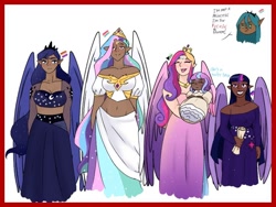 Size: 1024x768 | Tagged: safe, artist:sprong-lhama, derpibooru import, princess cadance, princess celestia, princess flurry heart, princess luna, queen chrysalis, twilight sparkle, twilight sparkle (alicorn), alicorn, human, alicorn tetrarchy, baby, belly button, bisexual pride flag, breasts, bust, cleavage, clothes, dark skin, dress, elf ears, female, headcanon in the description, humanized, lesbian pride flag, midriff, mother and child, mother and daughter, pansexual pride flag, parent and child, pride, pride flag, royal sisters, scroll, siblings, sisters, winged humanization, wings