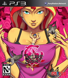 Size: 1738x2000 | Tagged: safe, artist:a0iisa, flash sentry, sunset shimmer, human, sheep, equestria girls, >no hooves, boxers, bra, bra strap, brand parody, breasts, catherine (game), cleavage, clothes, falling, game cover, horns, parody, playstation, playstation 3, size difference, skirt, underwear, undressing