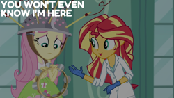 Size: 1920x1080 | Tagged: safe, derpibooru import, edit, edited screencap, editor:quoterific, screencap, fluttershy, sunset shimmer, human, equestria girls, the science of magic, clothes, duo, duo female, experiment, female, frown, gloves, lab coat, musical instrument, open mouth, open smile, smiling, sunset the science gal, tambourine