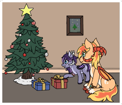 Size: 531x458 | Tagged: safe, artist:chance35, derpibooru exclusive, derpibooru import, oc, oc only, oc:evanti, oc:imiya, hybrid, christmas, christmas tree, duo, holiday, horns, present, siblings, simple background, sitting, standing, tree, wings