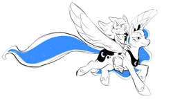 Size: 1280x734 | Tagged: safe, artist:fernsnailz, derpibooru import, princess luna, alicorn, pony, duo, horn, partial color, peytral, riding, riding a pony, shadow the hedgehog, simple background, smiling, sonic the hedgehog (series), tail, white background, wings