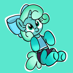 Size: 2048x2048 | Tagged: safe, artist:super-dead, derpibooru import, pony, unicorn, bow, clothes, female, glow squid, green background, hair bow, lying down, minecraft, outline, ponified, shorts, simple background, solo, white outline