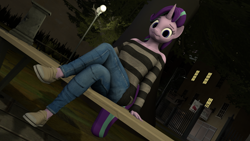 Size: 3840x2160 | Tagged: safe, artist:korizen, derpibooru import, starlight glimmer, anthro, pony, unicorn, 3d, bench, clothes, crossed legs, denim, jeans, looking at you, night, pants, park, park bench, shoes, sitting, solo, striped sweater, sweater