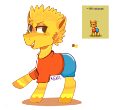 Size: 995x900 | Tagged: safe, artist:dsstoner, earth pony, pony, bart simpsons, clothes, colt, crossover, male, pants, ponified, pony town, raised hoof, raised leg, shirt, shorts, simple background, solo, stallion, the simpsons, white background