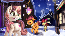 Size: 3840x2160 | Tagged: safe, artist:sigilponies, derpibooru import, apple bloom, scootaloo, sweetie belle, earth pony, pegasus, pony, unicorn, adorabloom, bow, clothes, cute, cutealoo, cutie mark crusaders, diasweetes, female, filly, foal, happy, high res, night, open mouth, open smile, ponyville, running, scarf, smiling, snow, snowfall, stars, striped scarf, sugarcube corner, winter