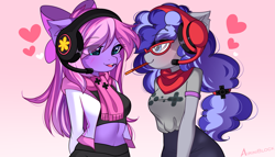 Size: 2949x1688 | Tagged: safe, alternate version, artist:airiniblock, derpibooru import, oc, oc only, oc:cinnabyte, oc:lillybit, anthro, earth pony, anthro oc, bow, clothes, headphones, headset, microphone, pocky game, scarf, skirt