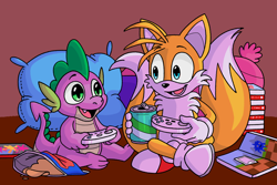 Size: 1656x1104 | Tagged: safe, artist:snail-speed, derpibooru import, spike, crossover, duo, miles "tails" prower, sonic the hedgehog (series)