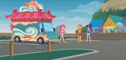 Size: 2243x1080 | Tagged: safe, derpibooru import, edit, edited screencap, screencap, pinkie pie, sci-twi, sunset shimmer, twilight sparkle, better together, equestria girls, x marks the spot, clothes, composite screencap, female, food, glasses, one-piece swimsuit, pinkie pie swimsuit, ponytail, rollin' sushi truck, sandals, sarong, sci-twi swimsuit, sushi, sushi cone, swimsuit