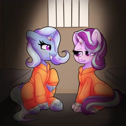 Size: 2048x2048 | Tagged: safe, artist:plushtrapez, derpibooru import, starlight glimmer, trixie, pony, unicorn, clothes, commission, commissioner:rainbowdash69, cuffed, horn, horn ring, jail, magic suppression, never doubt rainbowdash69's involvement, prison, prison outfit, prisoner, prisoner sg, prisoner tx, ring, sad, smiling, smirk