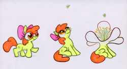 Size: 4500x2440 | Tagged: safe, artist:ja0822ck, derpibooru import, apple bloom, bee, earth pony, insect, alternate cutie mark, apple flower, cyriak, female, filly, flower, foal, literal, looking up, name pun, not salmon, pun, simple background, traditional art, wat, what has magic done, what has science done, where is your god now?