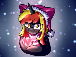 Size: 1600x1200 | Tagged: safe, artist:alex69vodka, derpibooru import, oc, oc:java, pony, unicorn, bust, christmas, clothes, female, hat, heart, holiday, looking at you, magic, santa hat, scarf, simple background