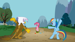 Size: 1000x563 | Tagged: safe, derpibooru import, screencap, gilda, pinkie pie, rainbow dash, earth pony, griffon, pegasus, pony, griffon the brush off, bipedal, butt, dancing, glasses, plot, tree