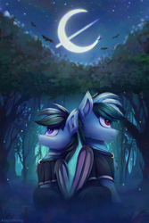 Size: 2000x3000 | Tagged: safe, artist:adagiostring, derpibooru import, oc, oc only, bat pony, background, bat pony oc, bat wings, brother, brother and sister, clothes, cute, duo, duo male and female, female, male, male and female, moon, night, robe, siblings, sister, sitting, stars, tree, wings