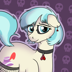 Size: 1342x1342 | Tagged: safe, artist:czaroslaw, derpibooru import, coco pommel, earth pony, pony, abstract background, alternate hairstyle, collar, ear piercing, earring, eyeshadow, female, fishnets, goth, jewelry, makeup, mare, piercing, solo