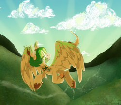 Size: 1774x1533 | Tagged: safe, artist:pagophasia, derpibooru exclusive, derpibooru import, oc, oc only, oc:hortis culture, hybrid, pony, backlighting, cloud, collar, crepuscular rays, daytime, detailed background, ear tufts, eyes closed, flying, frog (hoof), full body, glasses, grass, hill, horns, leaf, mountain, nonbinary, open mouth, open smile, round glasses, smiling, solo, sunrise, underhoof, unshorn fetlocks, valley, wings