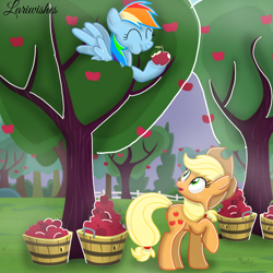 Size: 1300x1300 | Tagged: safe, artist:mlplary6, derpibooru import, applejack, rainbow dash, earth pony, pegasus, pony, apple, apple tree, duo, duo female, eating, eyes closed, female, food, mare, smiling, surprised, tree