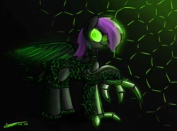 Size: 480x356 | Tagged: artist needed, safe, derpibooru import, oc, oc only, oc:dawn (project horizons), cyborg, pegasus, pony, fallout equestria, fallout equestria: project horizons, augmented, claws, fanfic art, female, glowing, green eyes, honeycomb, mare, mother