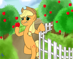 Size: 2500x2000 | Tagged: safe, artist:reinbou, derpibooru import, applejack, earth pony, pony, apple, apple tree, bipedal, fence, food, solo, sweet apple acres, tree