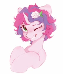 Size: 868x1018 | Tagged: safe, artist:melodylibris, derpibooru import, oc, oc only, oc:melody (melodylibris), pony, unicorn, blushing, bust, cute, female, flower, flower in hair, grin, looking up, mare, ocbetes, one eye closed, rose, simple background, smiling, solo, white background, white rose