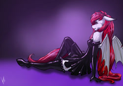 Size: 1180x820 | Tagged: safe, artist:stirren, derpibooru import, oc, oc only, anthro, bat pony, bat pony oc, breasts, clothes, commission, dress, female, gloves, latex, latex dress, looking at you, looking back, pinup, pose, socks, solo, thigh highs, ych result