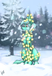 Size: 820x1180 | Tagged: safe, artist:stirren, derpibooru import, lyra heartstrings, pony, unicorn, christmas, christmas lights, female, forest, garland, holiday, l.u.l.s., mare, silly, silly pony, sitting, slim, snow, solo, tangled up, thin, tree