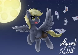 Size: 3508x2480 | Tagged: safe, alternate version, artist:abyssalrabbit, derpibooru import, derpy hooves, pegasus, pony, bag, digital art, female, flying, mail, mailbag, mare, moon, night, outline, signature, sky, solo, spread wings, wings