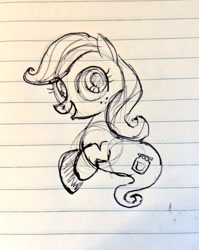 Size: 815x1024 | Tagged: safe, artist:mellodillo, derpibooru import, oc, oc only, ghost, ghost pony, pony, female, filly, foal, freckles, lined paper, open mouth, open smile, pen drawing, smiling, solo, traditional art