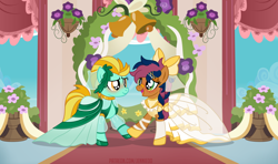 Size: 1100x650 | Tagged: safe, artist:jennieoo, derpibooru import, lightning dust, pegasus, pony, bells, blushing, bow, clothes, couple, dress, flower, freckles, happy, heart, heart eyes, marriage, smiling, vector, wedding, wedding dress, wedding veil, wingding eyes