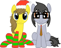 Size: 2008x1583 | Tagged: safe, artist:silver-bristle, derpibooru exclusive, derpibooru import, oc, oc only, oc:liz (cardshark777), oc:silver bristle, earth pony, pony, 2023 community collab, brown eyes, clothes, derpibooru community collaboration, duo, earth pony oc, female, glasses, gray mane, gray tail, hat, male, mare, necktie, show accurate, simple background, sitting, smiling, socks, stallion, striped socks, transparent background