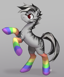 Size: 2982x3600 | Tagged: safe, artist:oops pio, derpibooru import, oc, zebra, bipedal, clothes, full body, gradient background, gray background, happy, male, rainbow socks, simple background, smiling, socks, solo, stallion, standing, striped socks