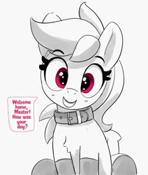 Size: 1272x1498 | Tagged: safe, artist:pabbley, derpibooru import, rainbow dash, pegasus, pony, chest fluff, clothes, collar, cute, dashabetes, female, femsub, grayscale, looking at you, mare, master, monochrome, partial color, pet-dash, pony pet, simple background, smiling, smiling at you, solo, stockings, submissive, talking to viewer, thigh highs, white background